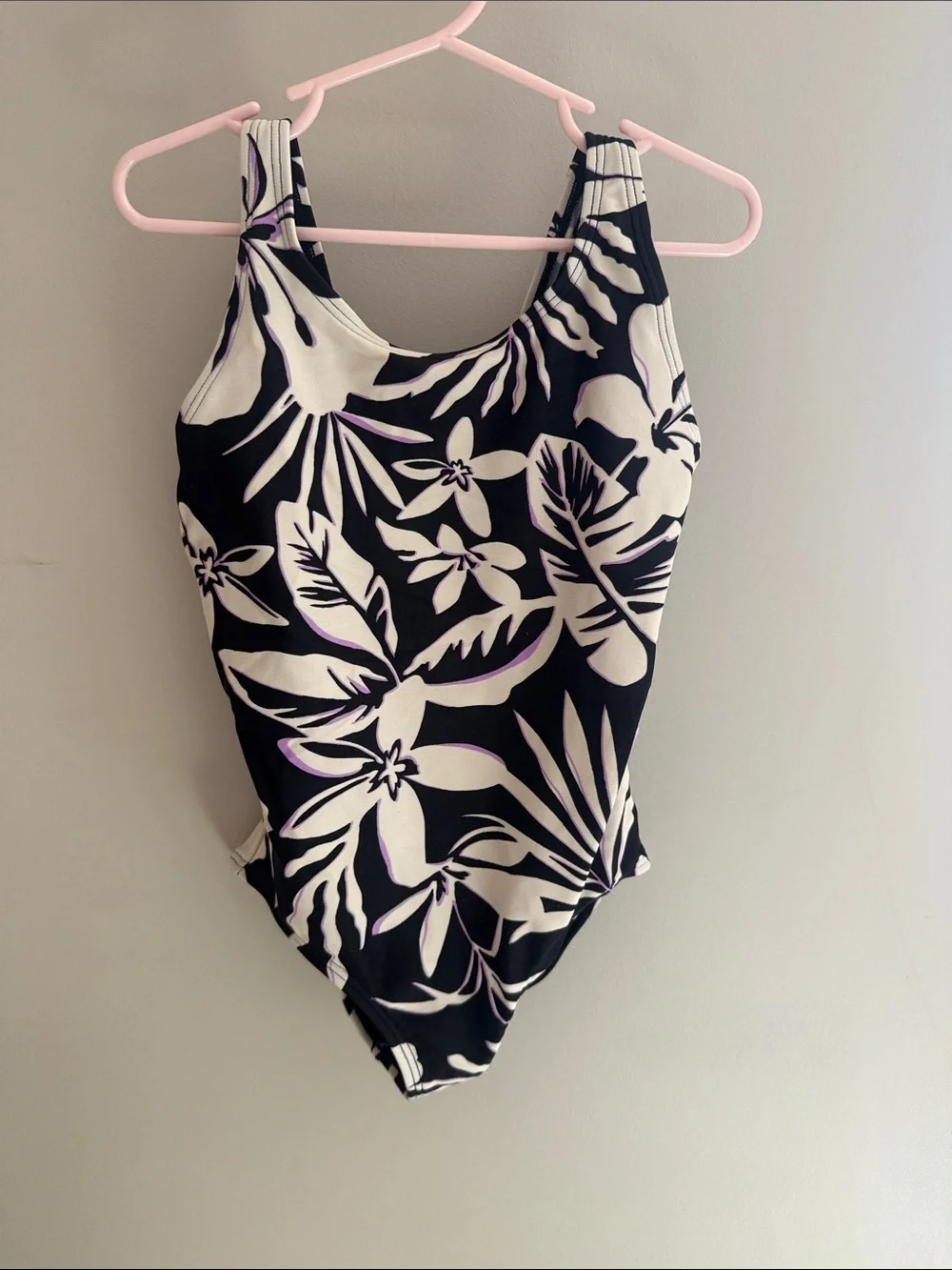Athleta Kids One-Piece Swimsuit in Black, White and Purple Floral Print